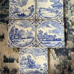 Vintage Belgium Delft Style Blue and White Decorative Tiles - set of 5